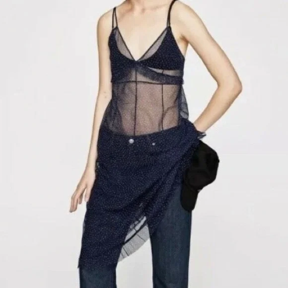 Zara Tulle Dress Zara Polka Dot Sheer Dress Zara Dresses Zara Navy
